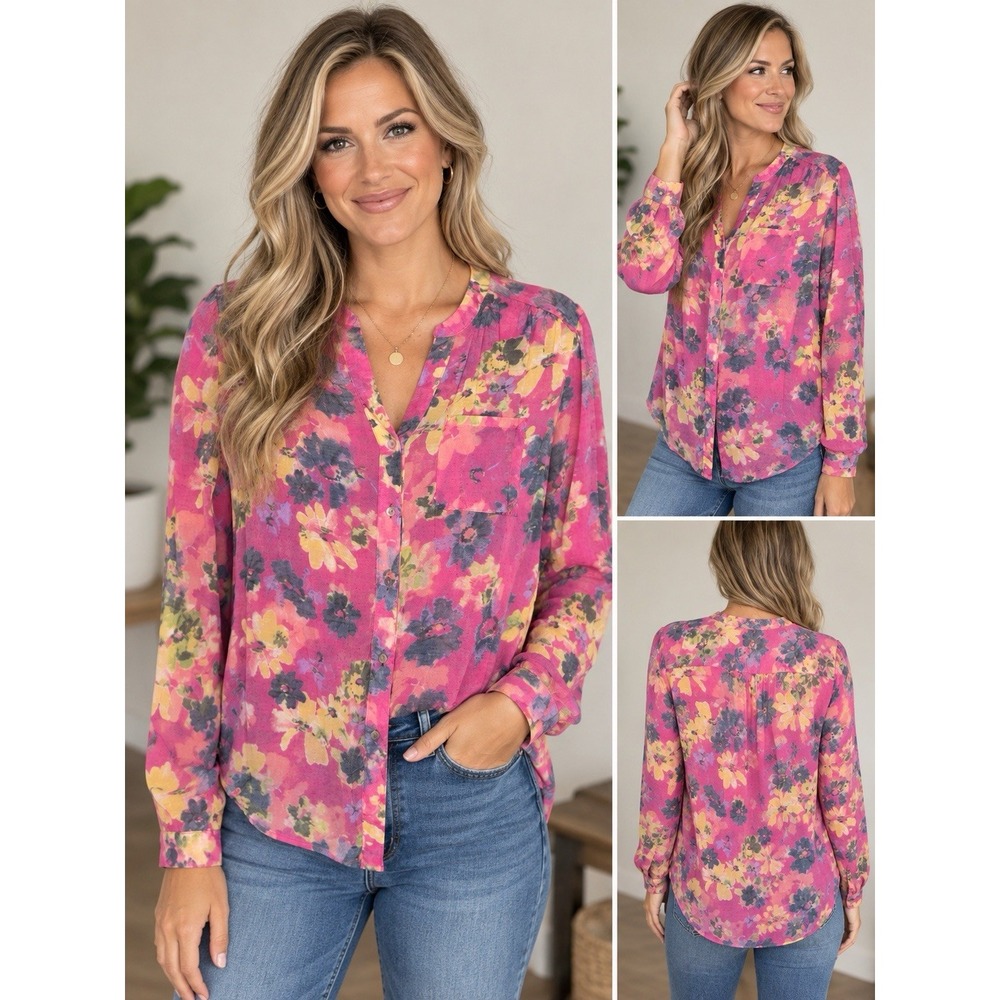 Zac & Rachel Womens Pink Floral Roll Tab Sleeve Button Up Blouse Gauze Top Small